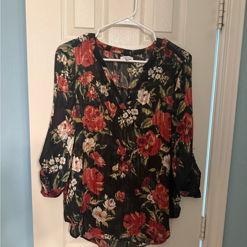 Maurices Black Floral V-Neck Blouse with Red and Cream Blooms